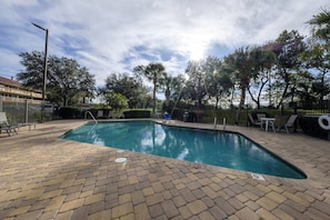 Outdoor pool, open 9:00 AM to 8:00 PM, sun loungers