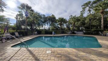 Outdoor pool, open 9:00 AM to 8:00 PM, sun loungers