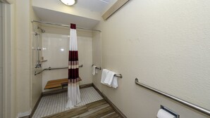 A bathroom with a shower, a bench, a handrail, and a toilet paper holder. - Red Roof Inn Tampa - Brandon (Tampa)