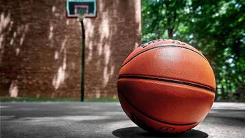A basketball on a concrete surface with a brick wall and a basketball hoop in the background.
