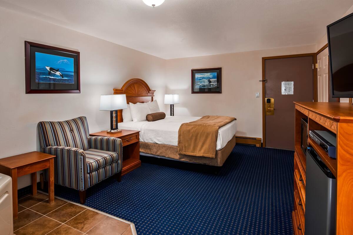 Una habitación de hotel con una cama, un sillón a rayas, un escritorio, un televisor y un baño.