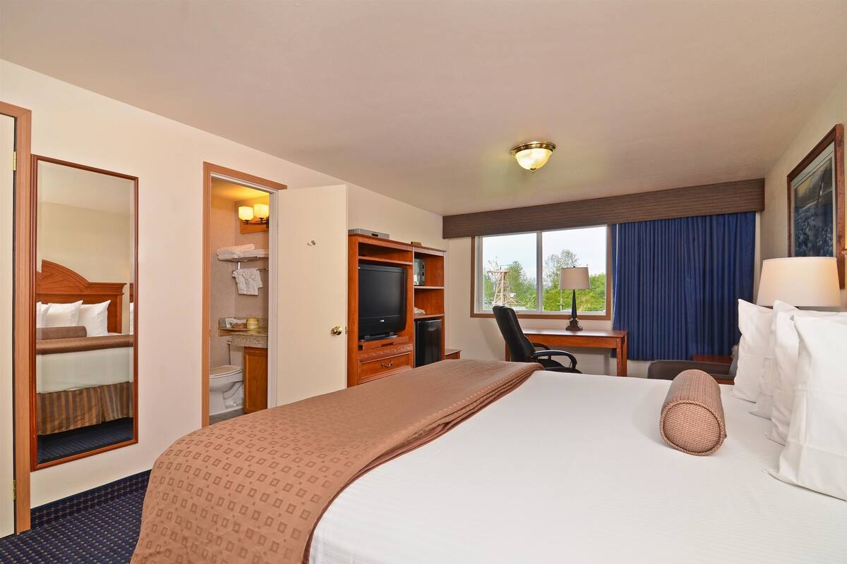 Habitación de hotel con una cama grande, un escritorio con silla, televisión y baño a la vista a través de una puerta abierta.