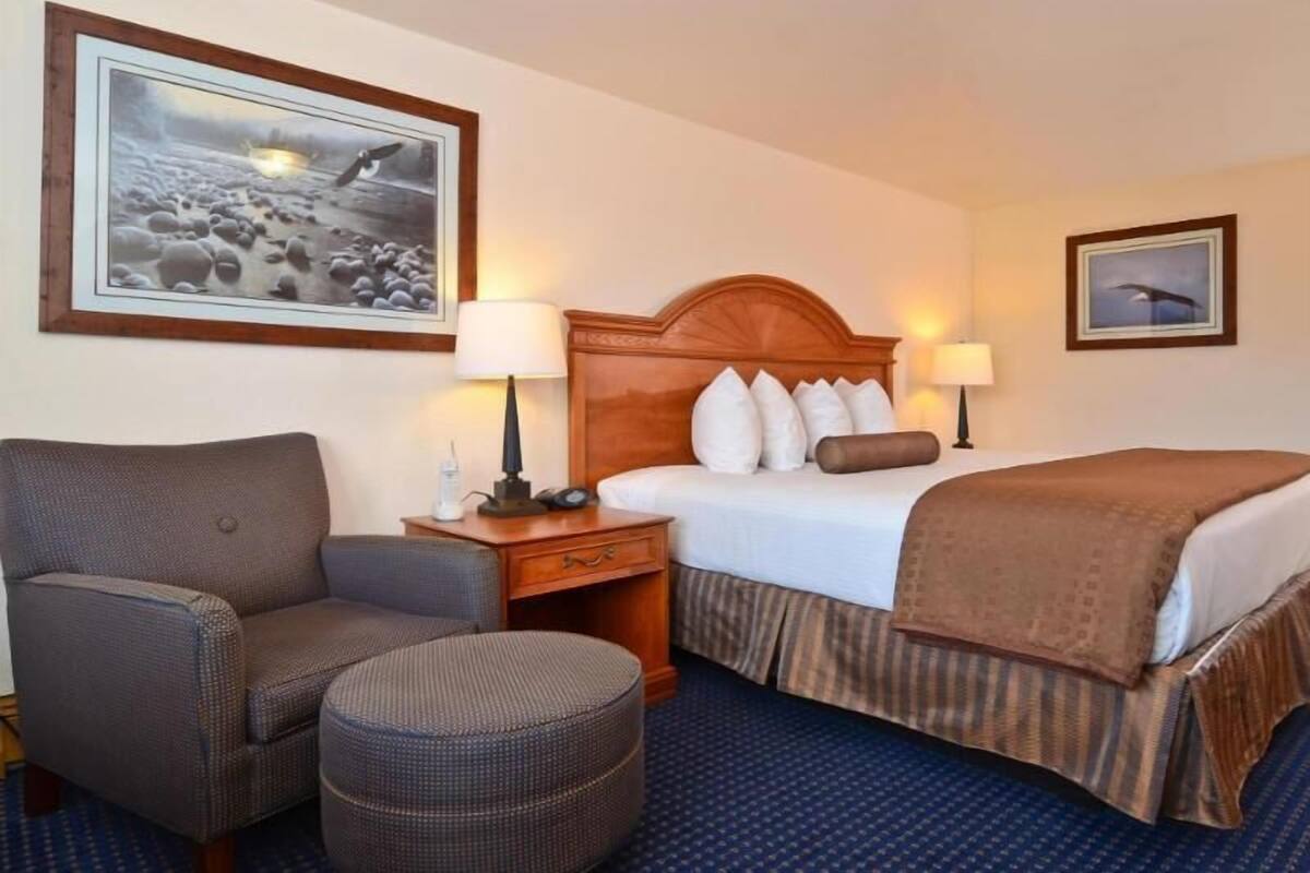 Habitación de hotel con cama, dos lámparas de noche, una silla, una mesita y un otoman redondo.