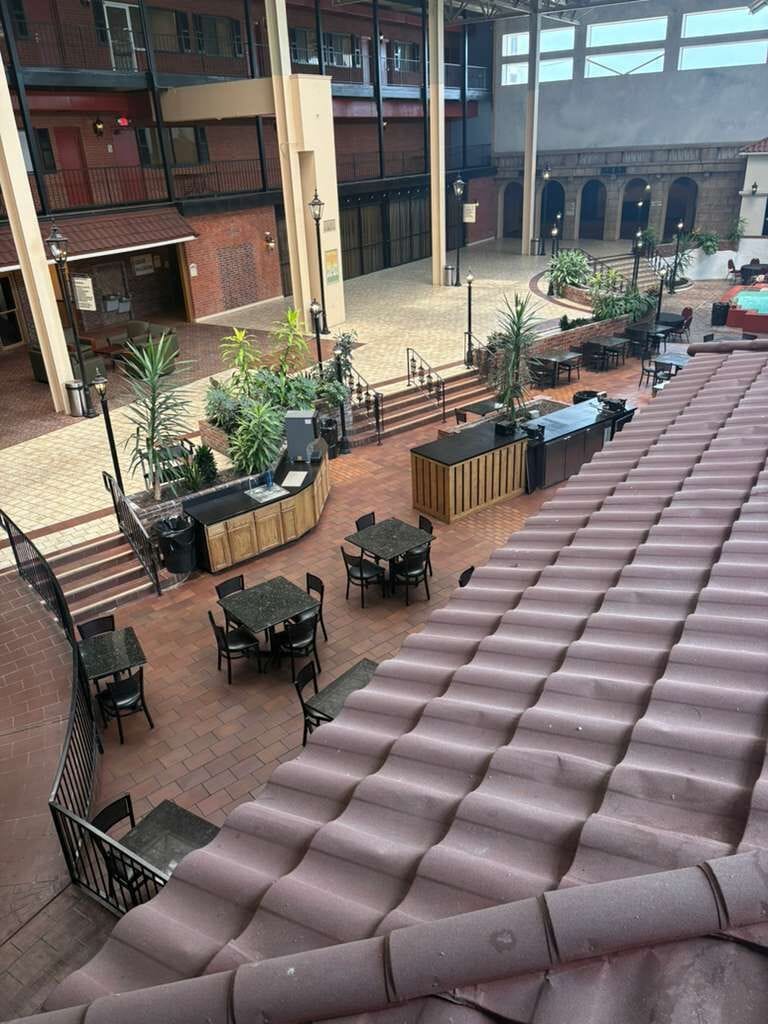 Un vaste espace extérieur aménagé avec de nombreux coins salon, comprenant des tables et des chaises, entouré de plantes en pot et doté d’un bar central.
