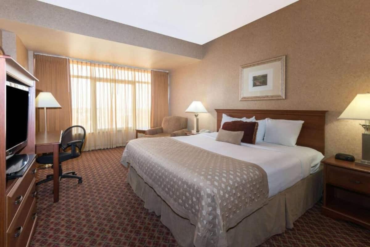 Een hotelkamer met een bed, bureau, stoel, televisie, lampen en een lijst aan de muur.