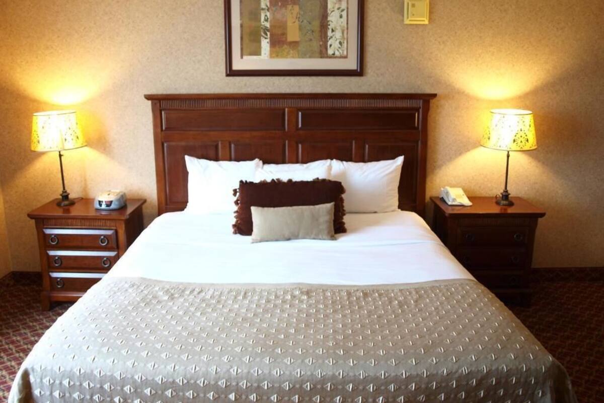 Een hotelkamer met een groot bed, twee nachtkastjes, een hoofdbord, een inlijsting foto aan de muur en twee lampen.