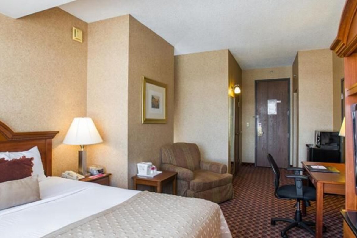 A hotel room with a bed, a desk, a chair, a television, and a lamp.