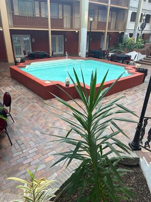 Un espace piscine doté d’un sol en briques, entouré de plantes en pot et de mobilier d’extérieur.
