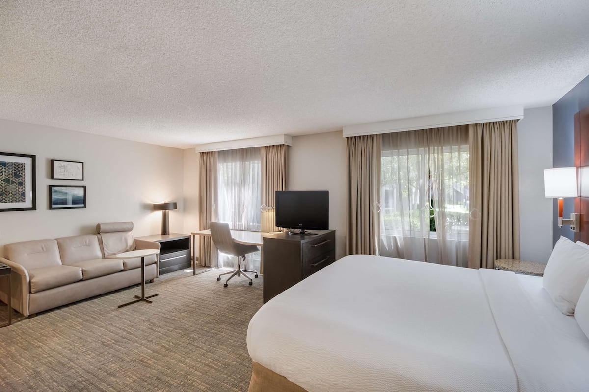 A hotel room with a large bed, a sofa, a desk, a television, and a chair.