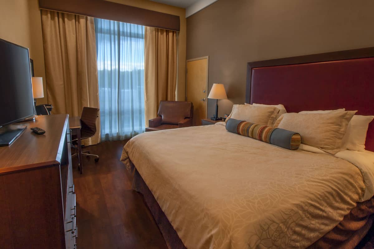 A hotel room with a large bed, a desk with a TV, a chair, and a window with curtains.