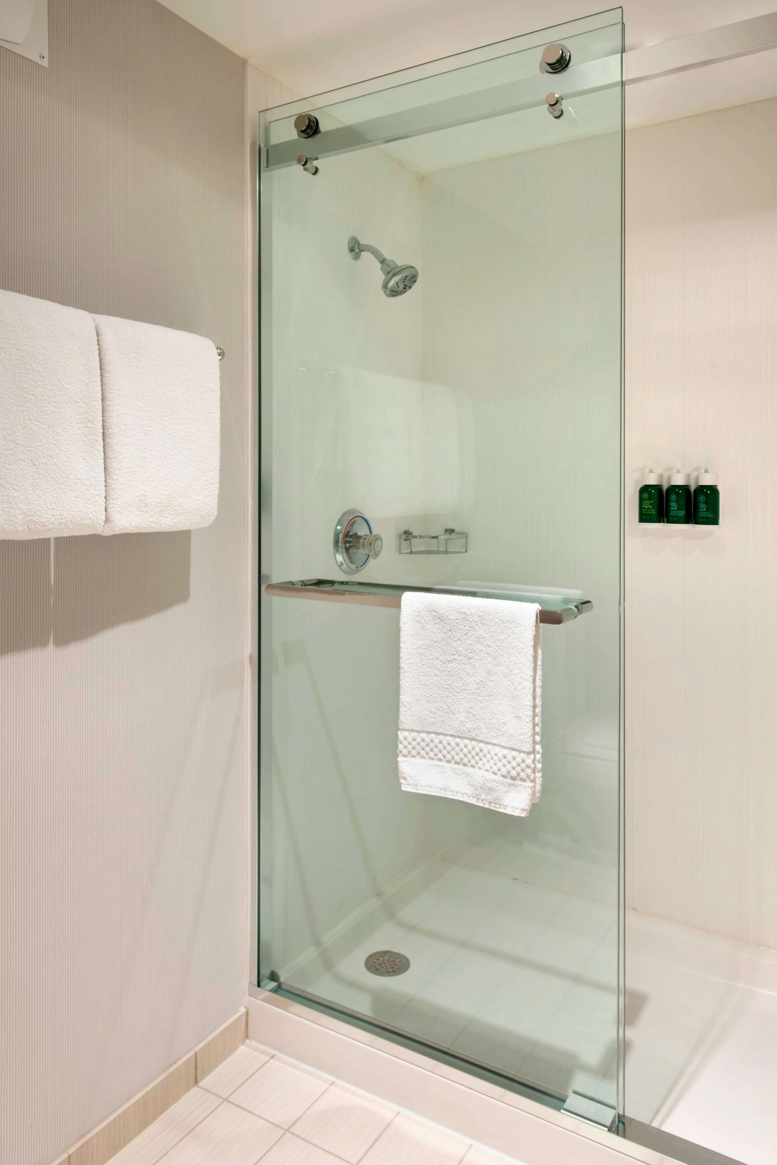 combined shower/bathtub, eco-friendly toiletries, hair dryer, towels