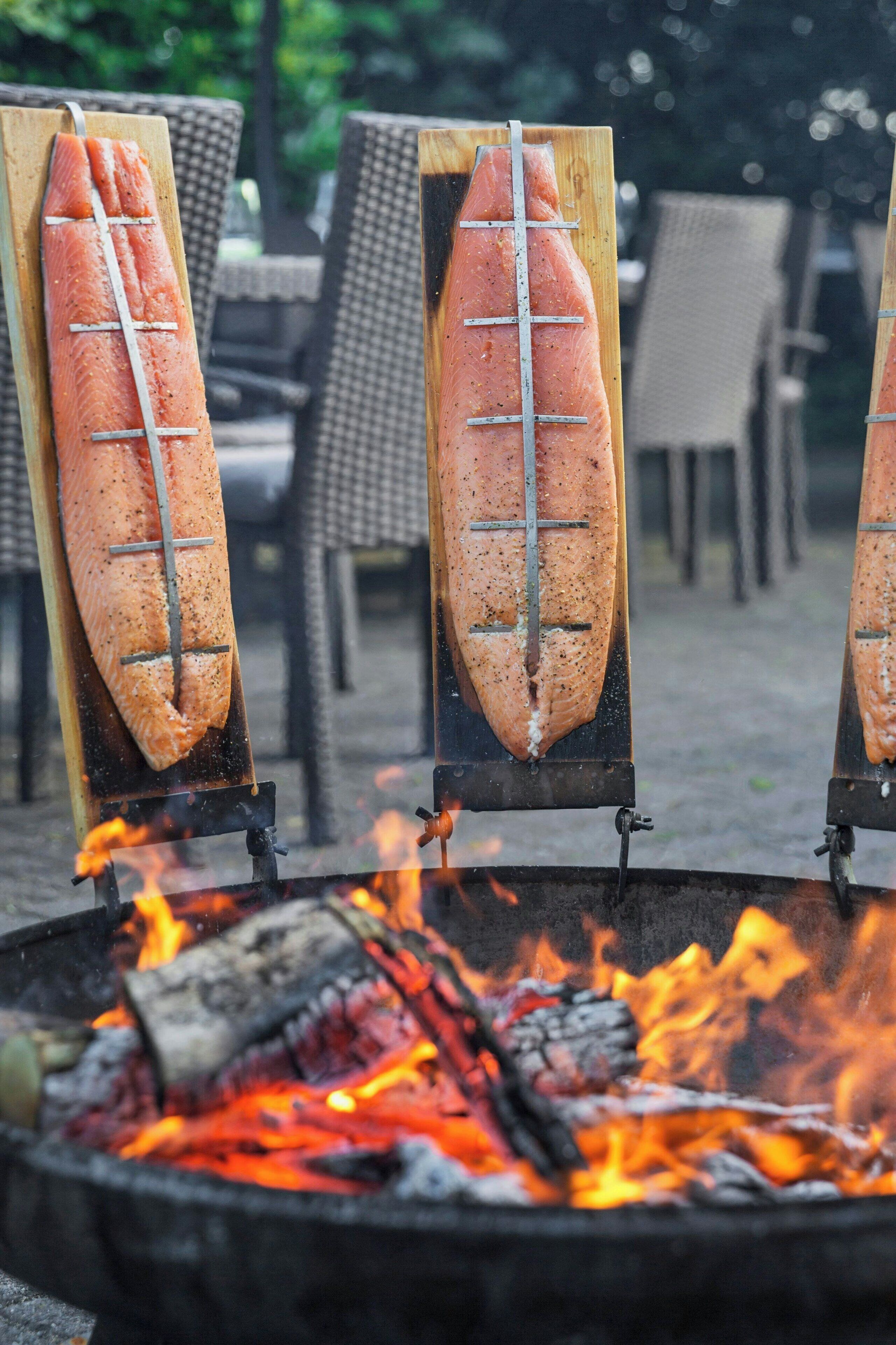 Salmon being grilled over an open fire.