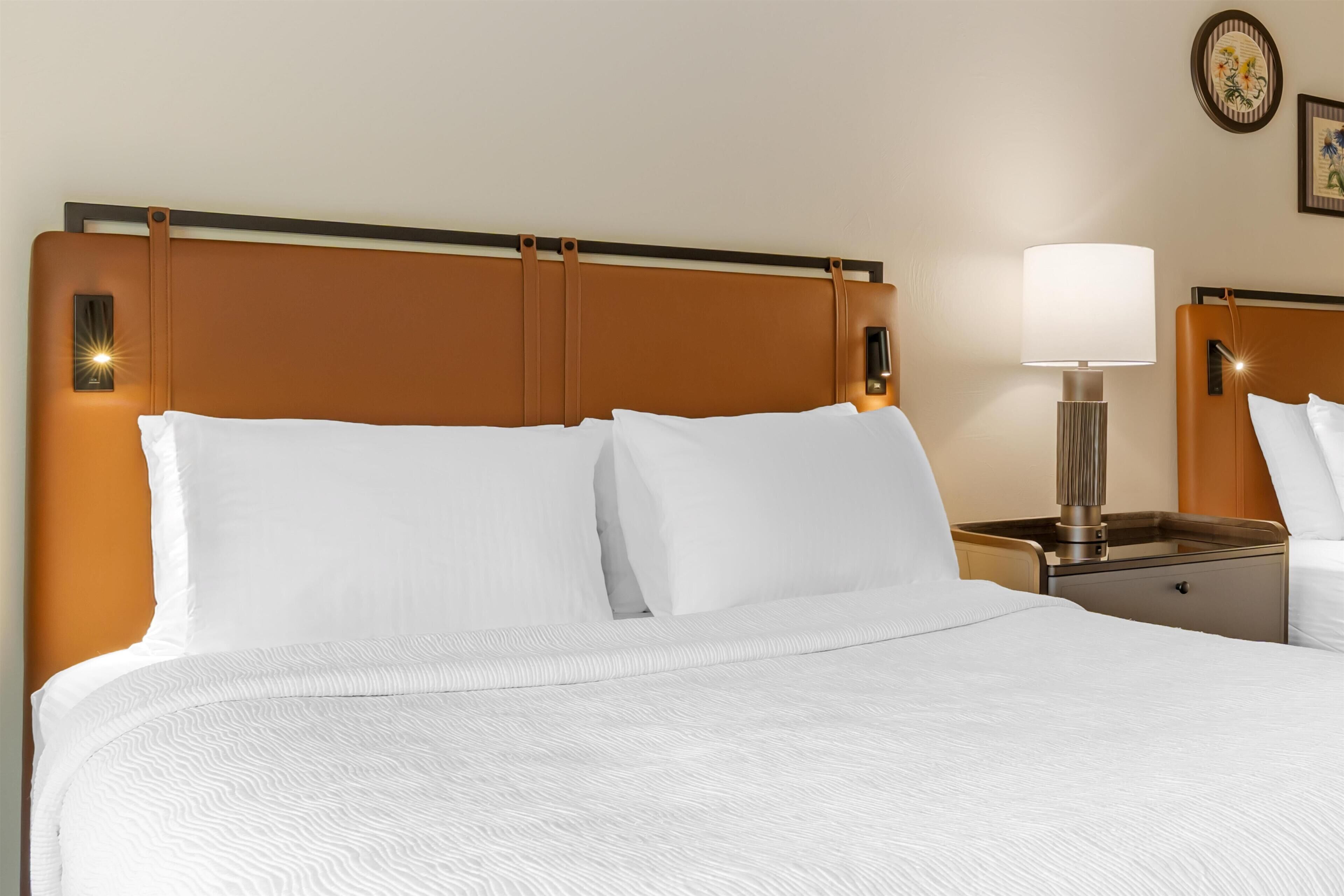 A hotel room with a large bed, a nightstand with a lamp, and a wall-mounted picture.