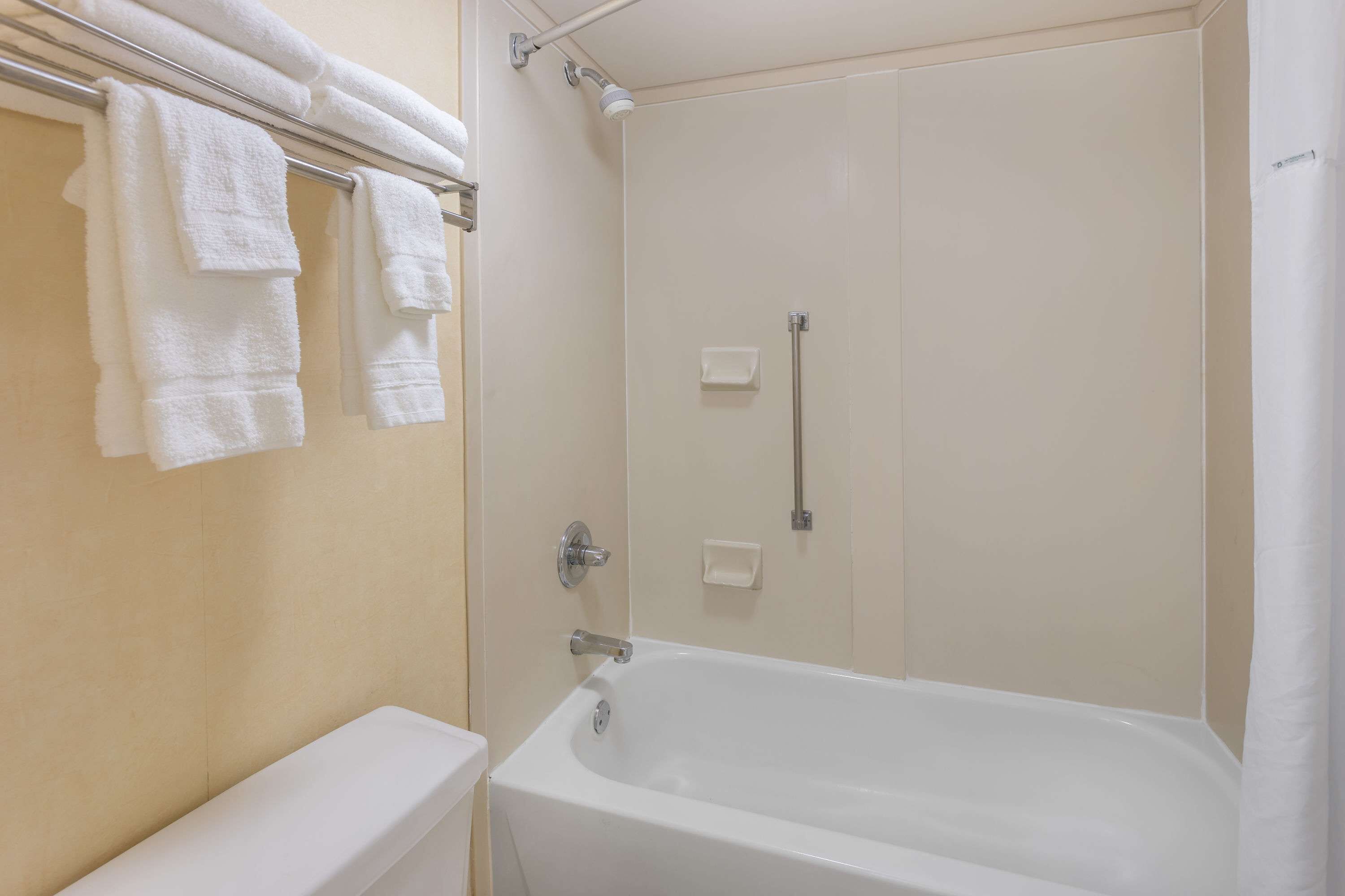 A bathroom with a bathtub, a toilet, and a towel rack with towels.