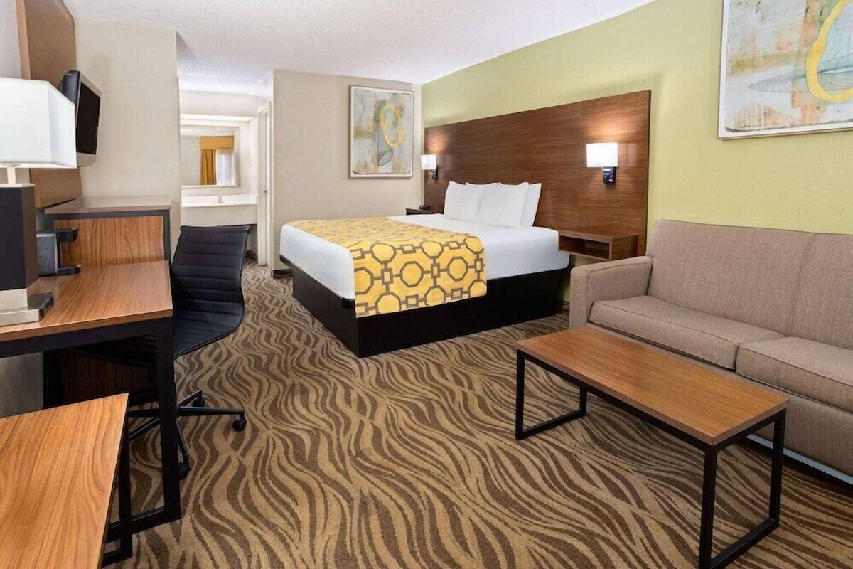 A hotel room with a bed, a desk, a chair, a sofa, and a television.
