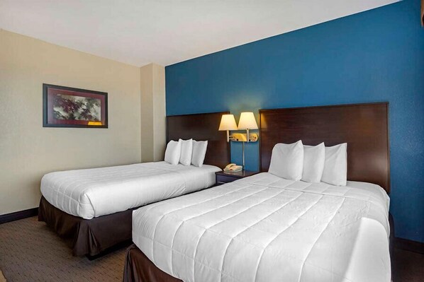 Desk, laptop workspace, blackout curtains, iron/ironing board