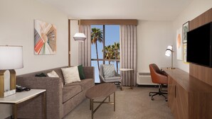 Camera d'albergo con divano, poltrona, televisore, lampada e vista su palme.