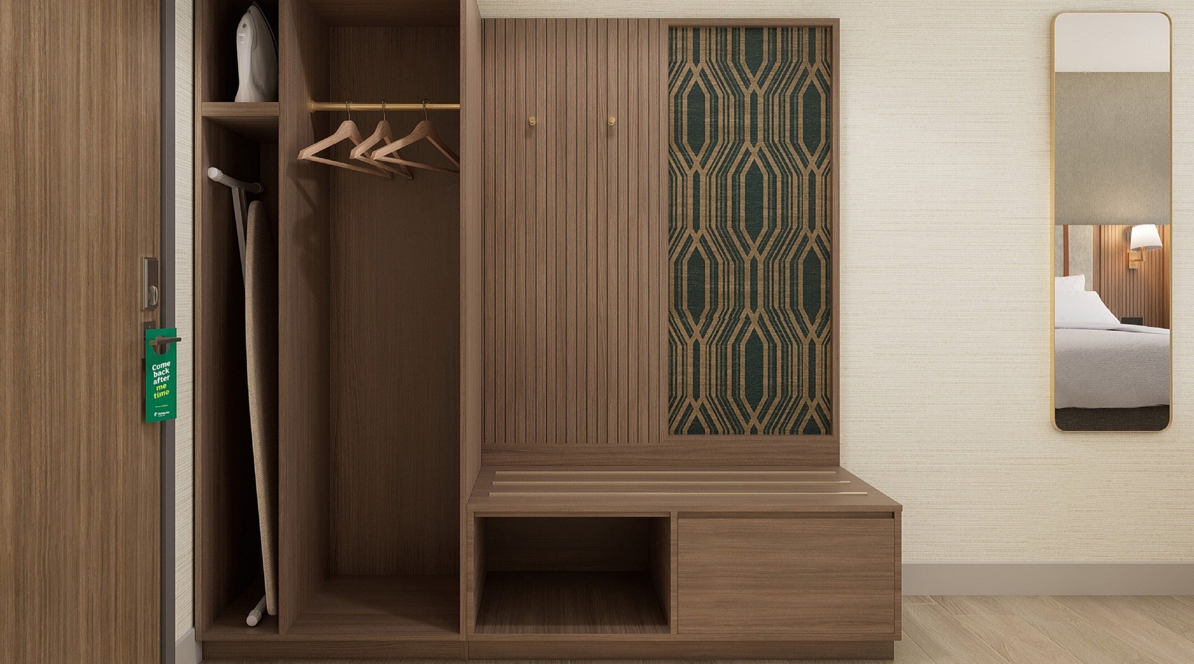 A walk-in closet with wooden paneling, a hanging rod, and a patterned divider.