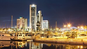 Una marina con imbarcazioni ormeggiate, sullo sfondo la skyline di una città e un cielo notturno sereno.