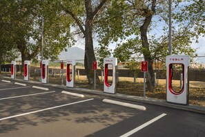 Una fila de estaciones de carga para vehículos eléctricos Tesla a lo largo de una carretera, con árboles y una cerca al fondo.