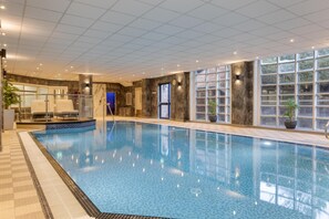 Indoor pool, open 6:30 AM to 8:00 PM, pool loungers
