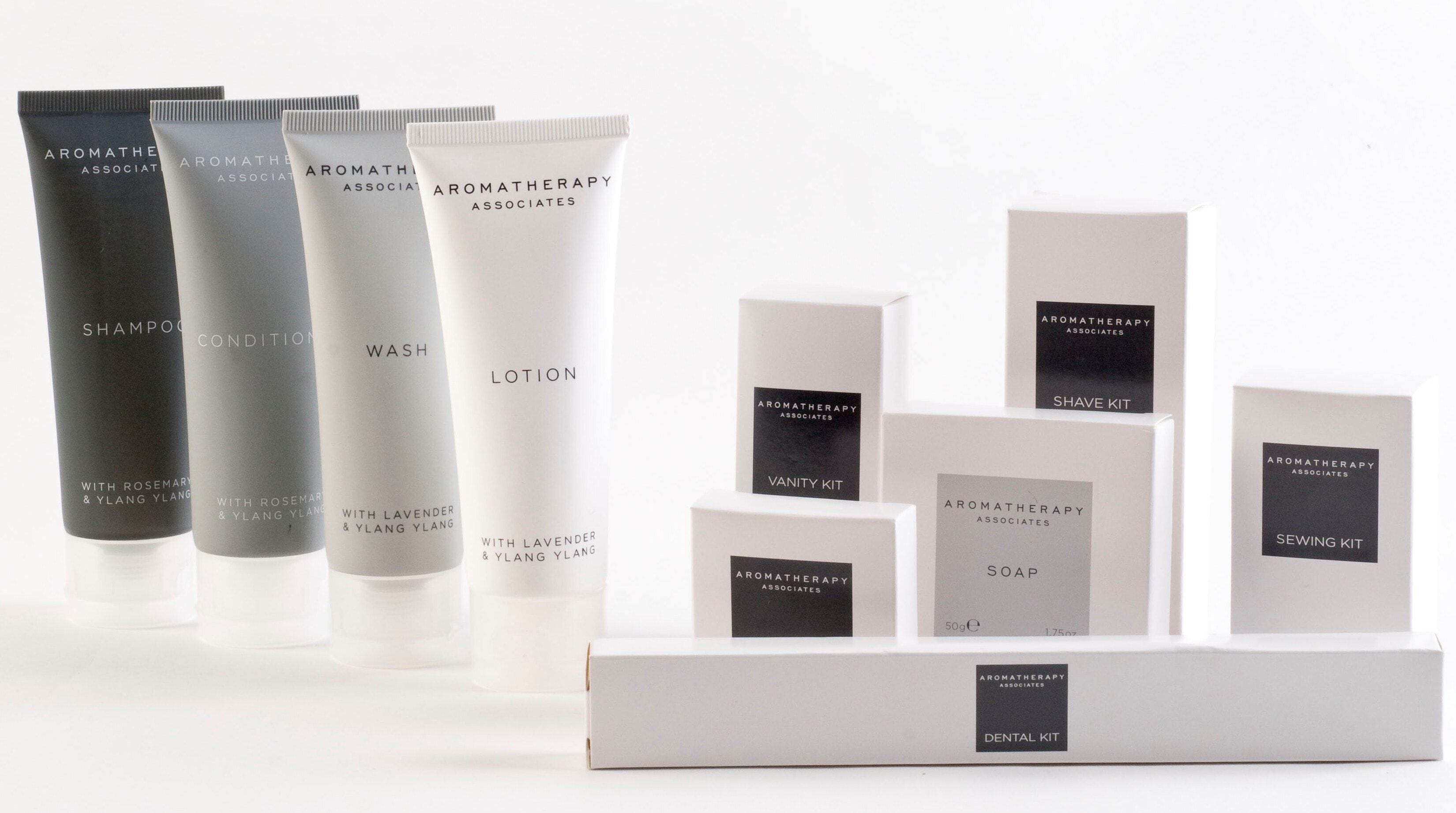 A collection of skincare products from Aromatherapy Associates, including shampoo, conditioner, wash, lotion, and various kits.