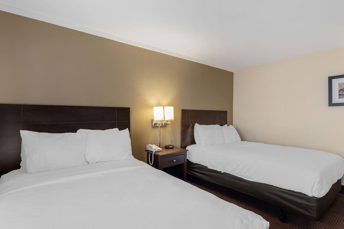 Ein Hotelzimmer mit zwei Betten, einem Nachttisch mit Lampe und einem gerahmten Bild an der Wand.