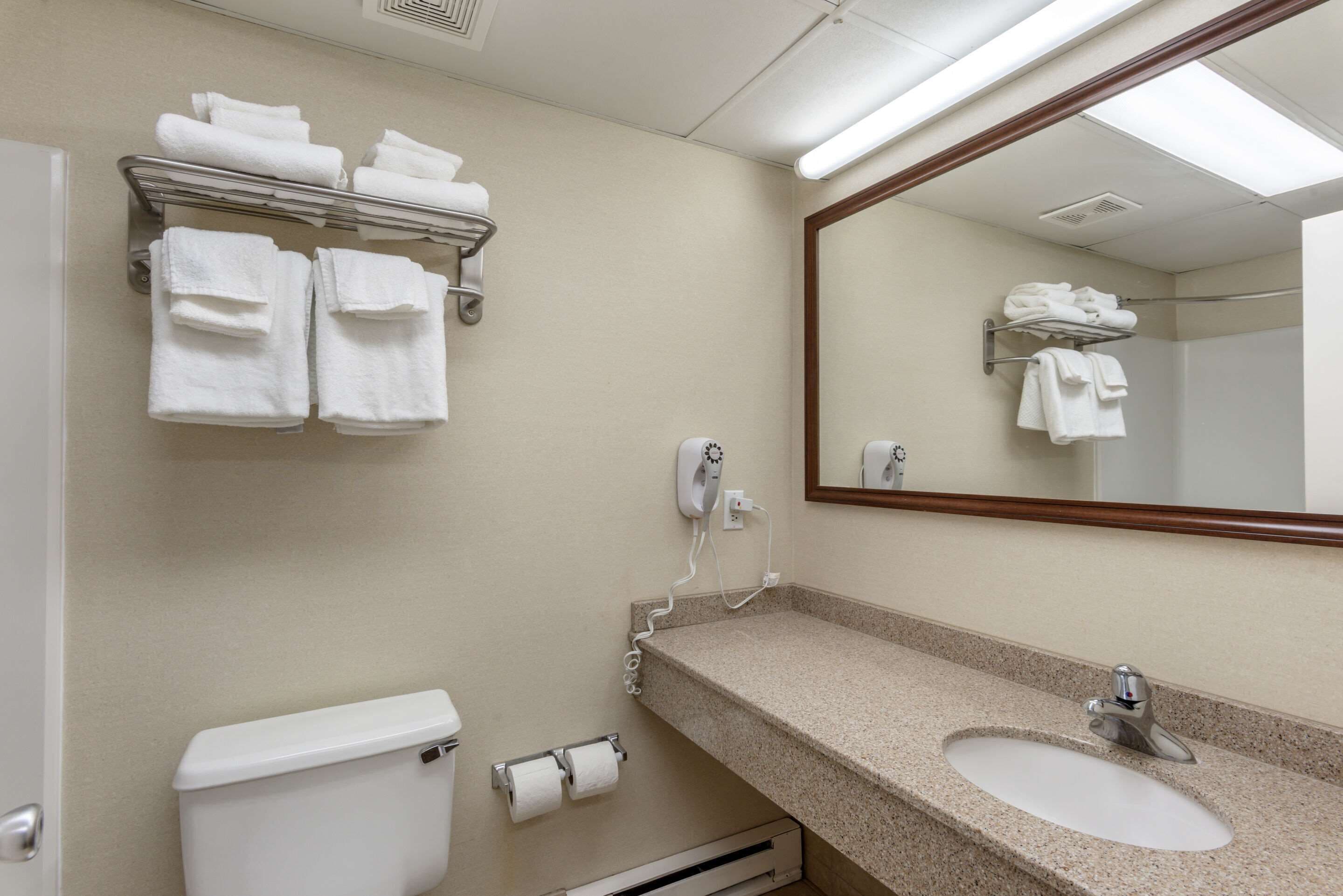 A bathroom with a toilet, sink, towel rack, and a mirror.