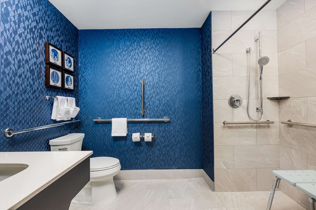Un baño con pared azul estampada, inodoro blanco, lavabo, zona de ducha y barra de apoyo.
