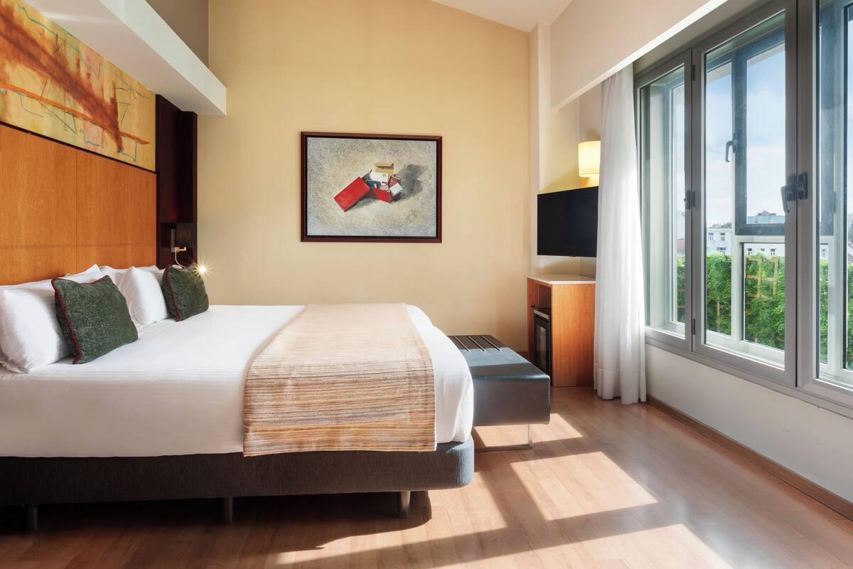 Habitación de hotel con una cama grande, un escritorio, una silla, un televisor y una ventana con vistas a la ciudad.