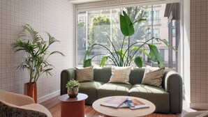 A modern living room with a green sofa, two armchairs, a coffee table, and large green plants.