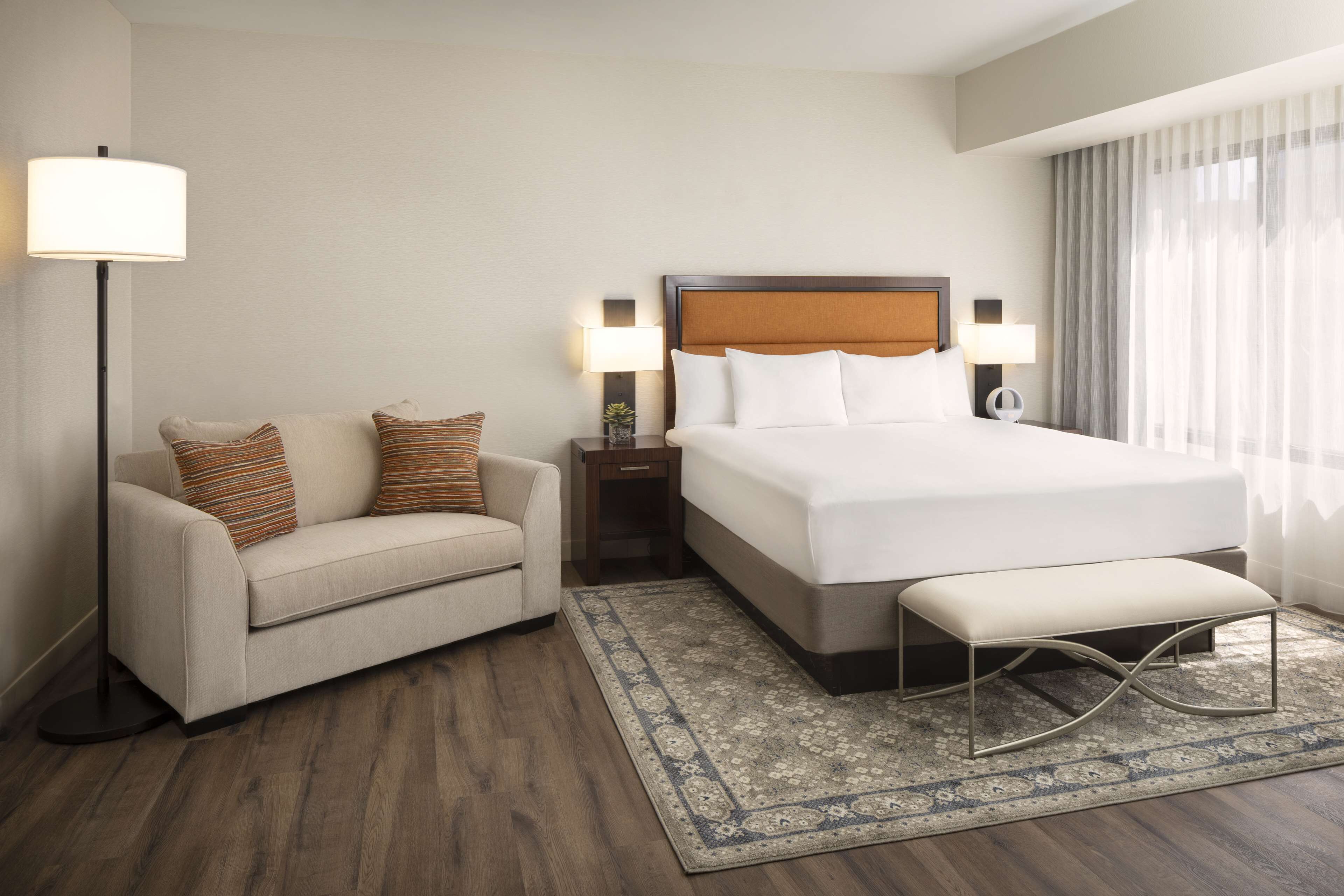 A hotel room with a bed, a sofa, a nightstand, a lamp, and a window with curtains.