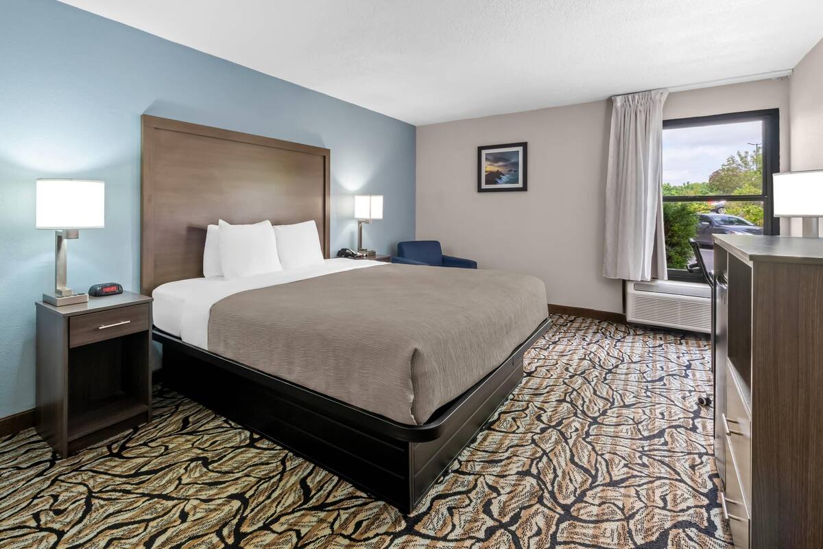 A hotel room with a bed, bedside tables, a chair, a desk, a window with a view, and a patterned carpet.
