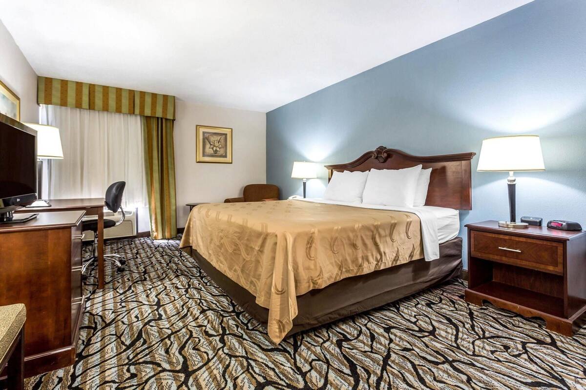 A hotel room with a bed, desk, chair, lamps, and a patterned carpet.