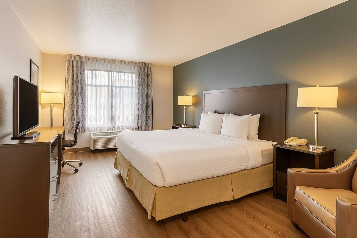 Une chambre d’hôtel avec un grand lit, un bureau, une chaise, une télévision et une lampe.