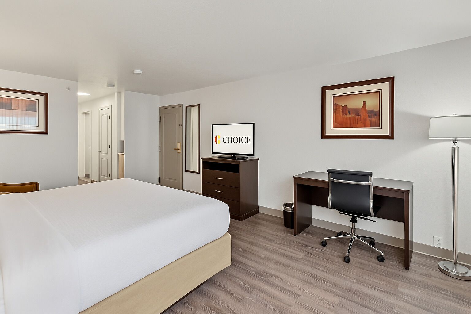 A hotel room with a bed, a desk with a computer, a TV, and a framed picture on the wall.