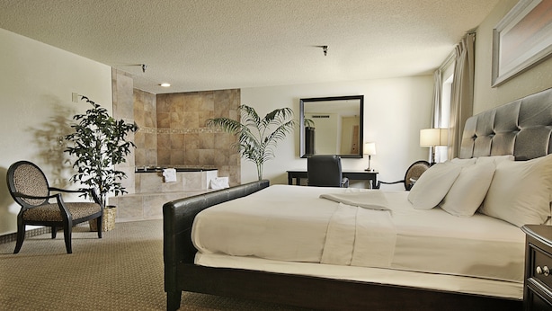 Une chambre d’hôtel dotée d’un grand lit, d’un coin salon avec un fauteuil et une table, d’une plante en pot, et d’une salle de bain avec douche et baignoire.