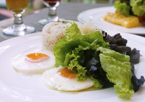 Um prato com ovo frito, arroz, alface e carne.
