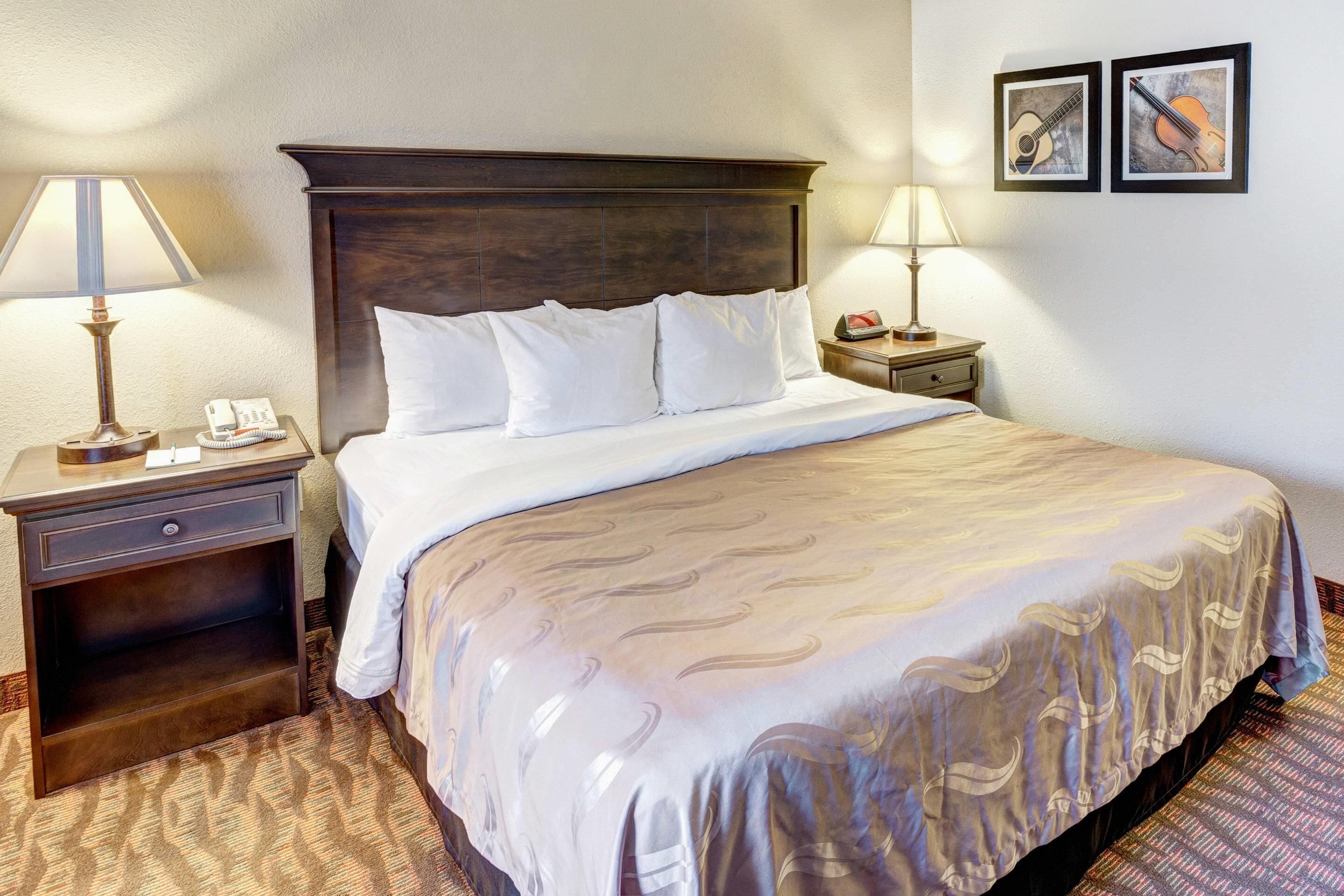 A hotel room with a bed, two bedside tables, a lamp, a phone, and two framed pictures on the wall.