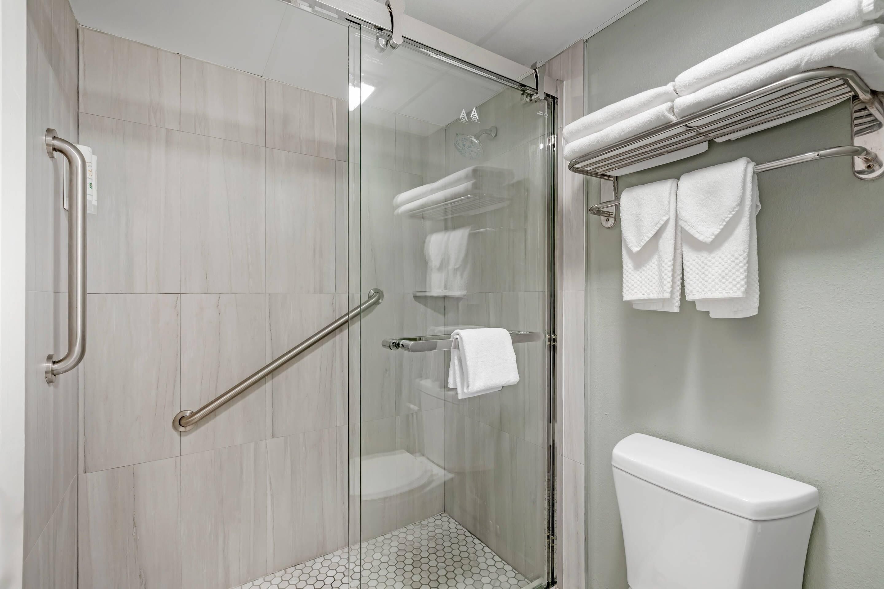 Un baño moderno con ducha de vidrio, inodoro y toallero con toallas.