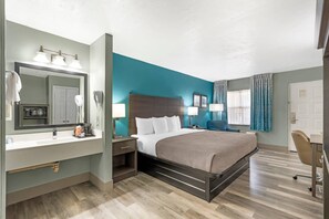 1 bedroom, desk, laptop workspace, blackout curtains