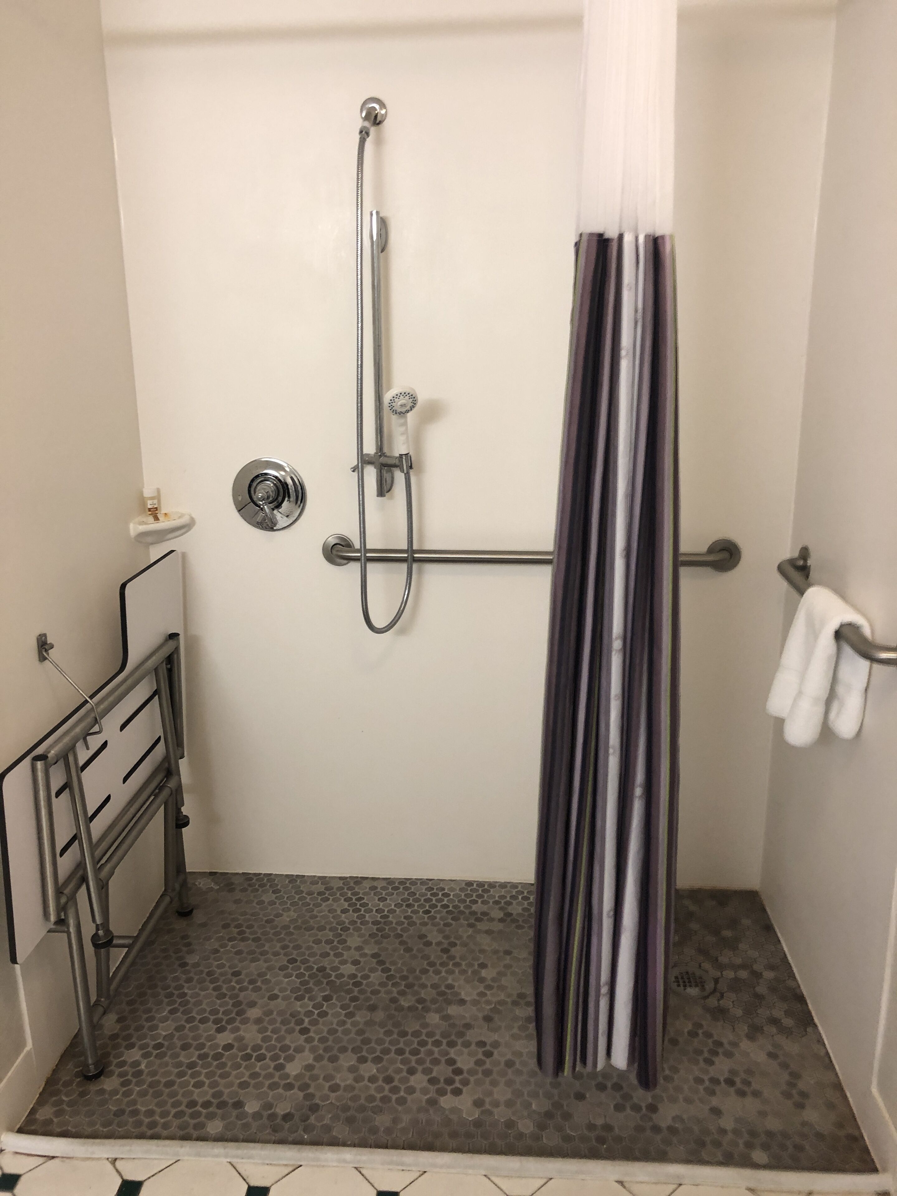 A shower area with a showerhead, curtain, and towel rack.