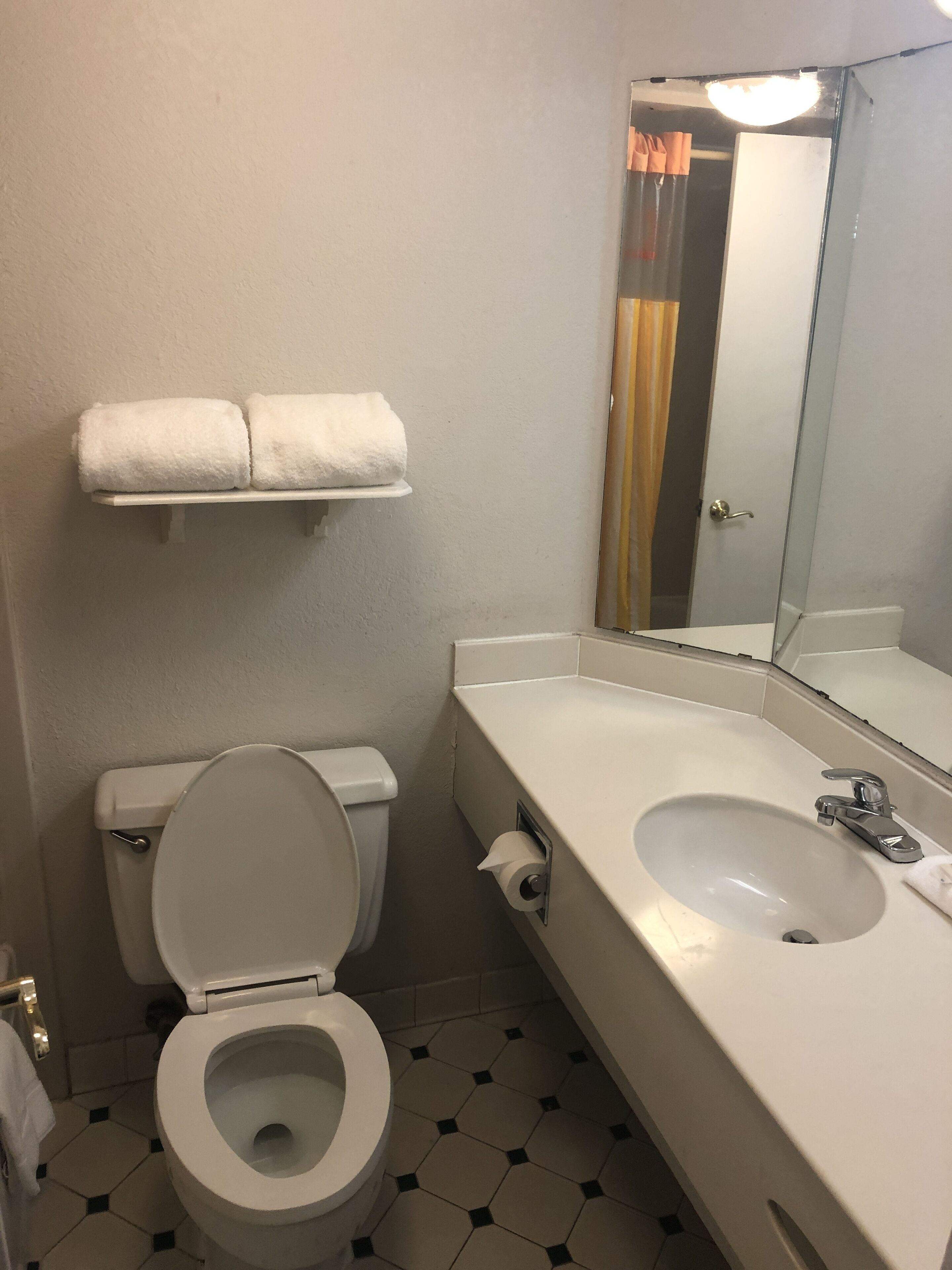 A small bathroom with a toilet, a sink, and a mirror.