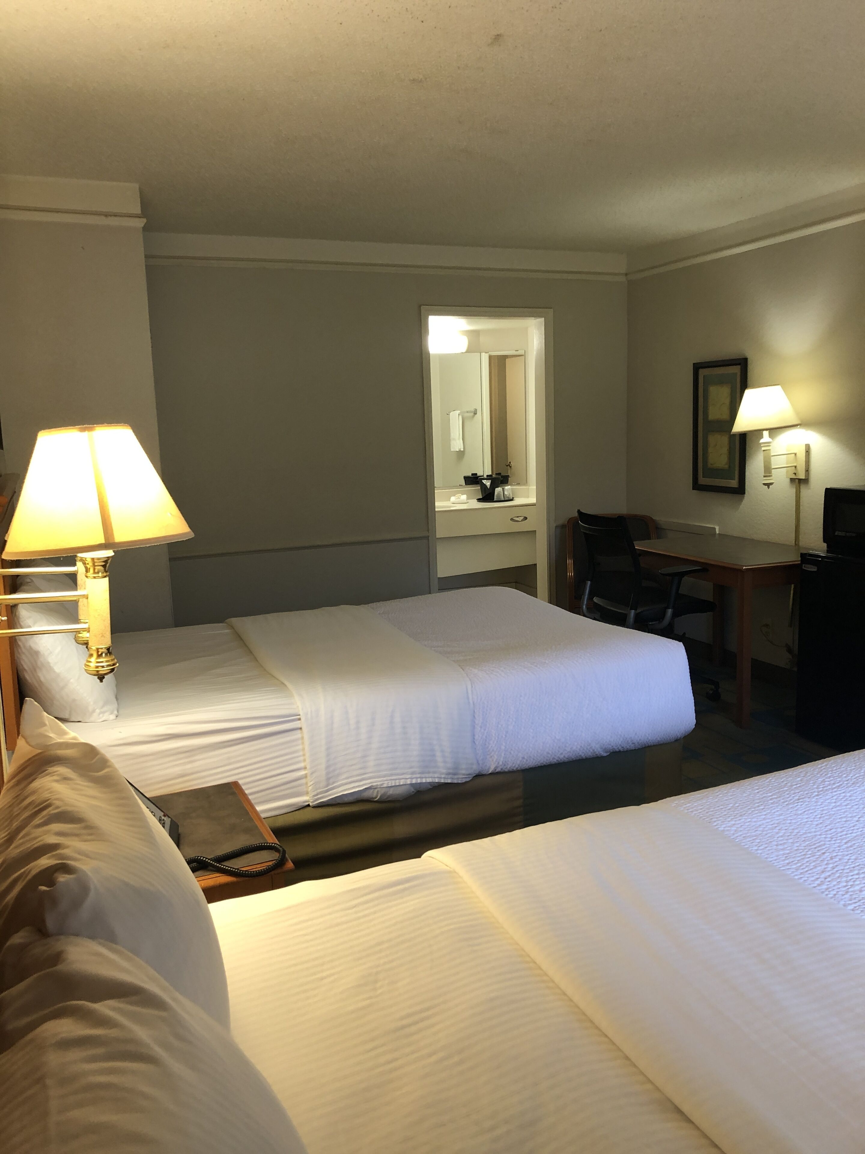A hotel room with two beds, a desk, a chair, a lamp, a mirror, and a television.