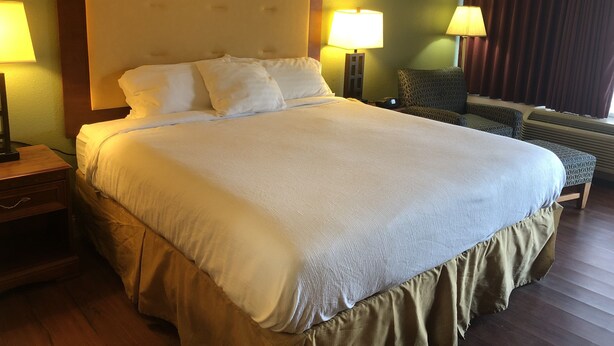 A large bed with a wooden headboard, two bedside lamps, a patterned armchair, and a window with curtains. - Express Airport Inn (Sandston)