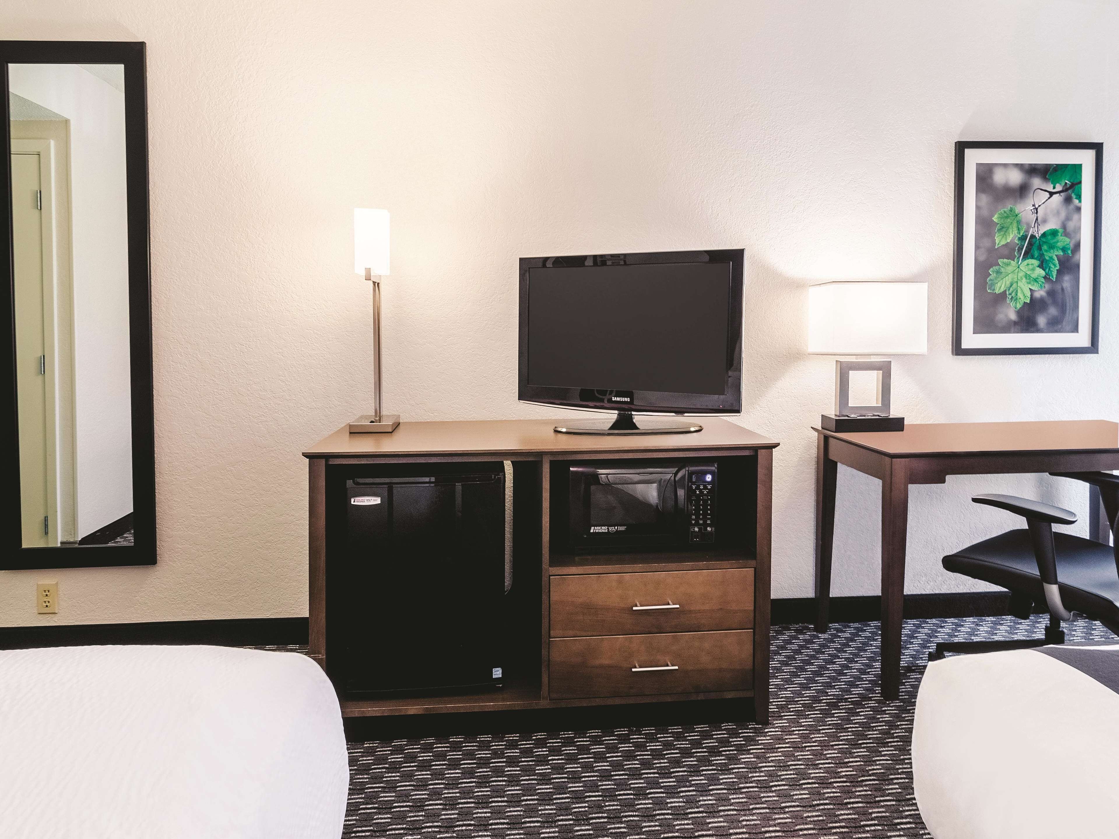 A hotel room with a bed, a desk, a television, a microwave, and a framed picture on the wall.