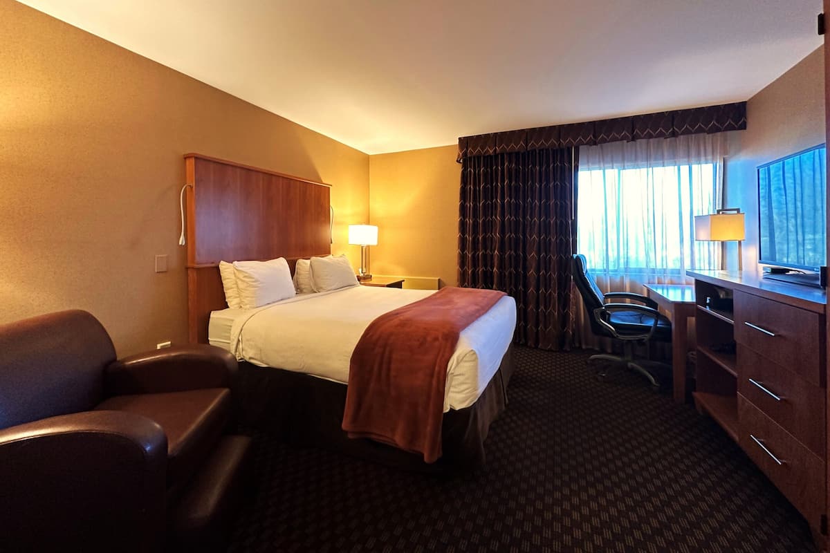 A hotel room with a bed, a desk, a chair, a TV, and a wardrobe.