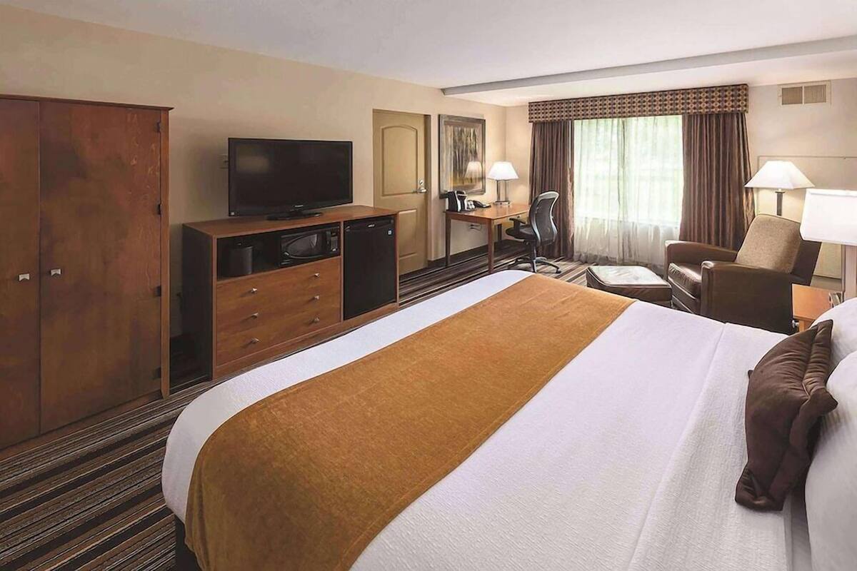 A hotel room with a bed, a desk, a television, a wardrobe, and a chair.