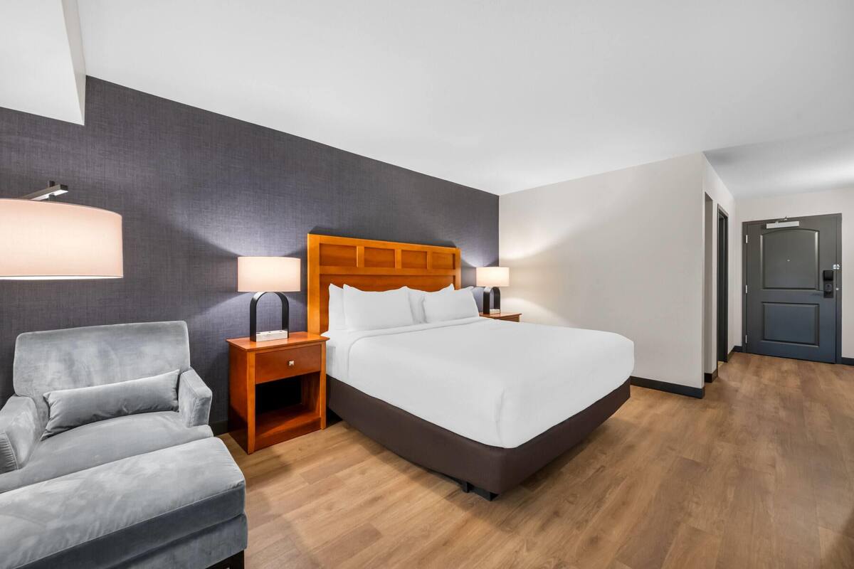 A hotel room with a bed, a chair, a nightstand, and a lamp.