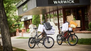 Two bicycles parked outside a building with a sign reading "WARWICK".